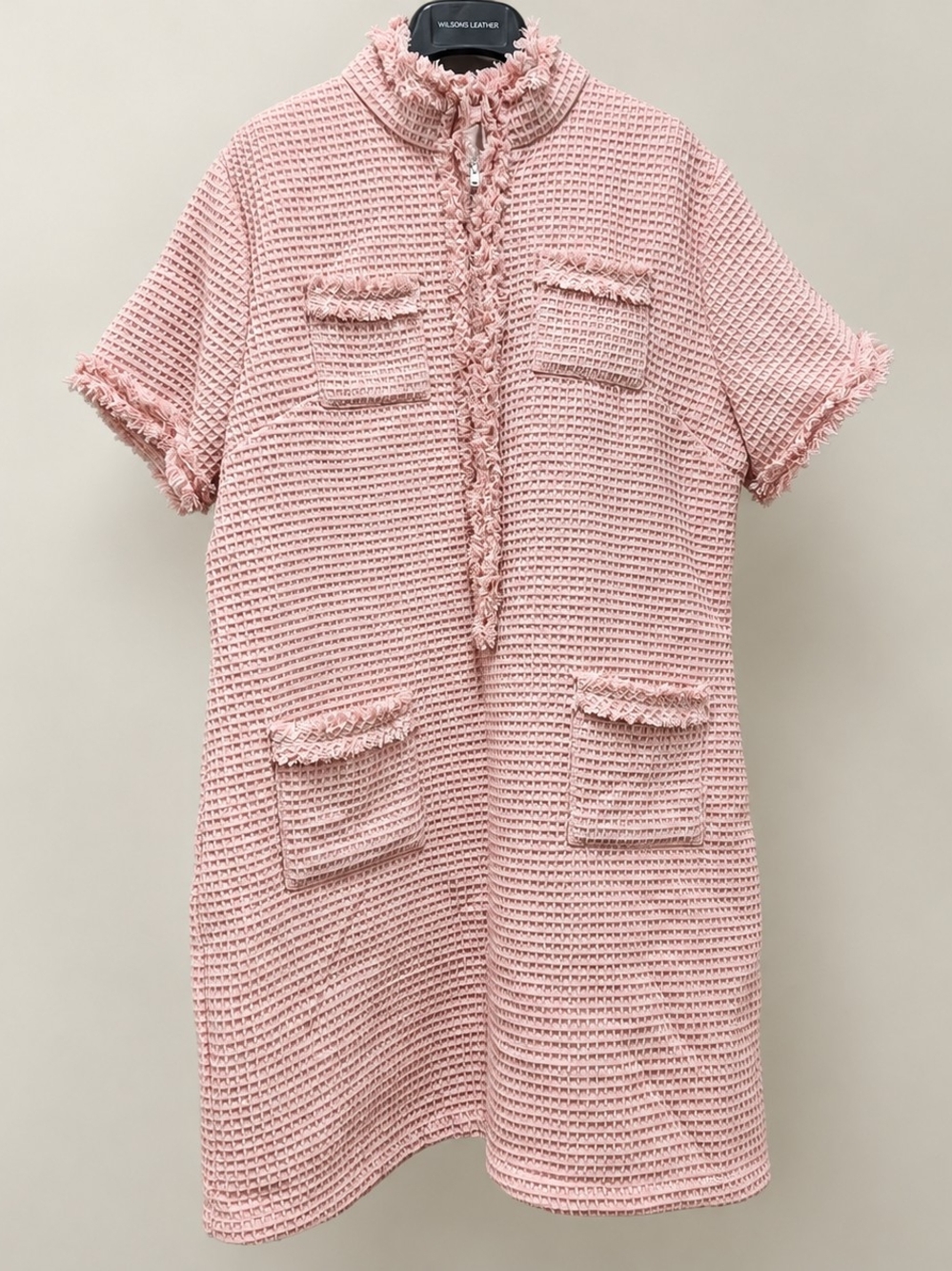 Pink Textured Tweed Shift Dress Fringe Trim Zip Front Size XL Lady Jacket - Picture 2 of 15